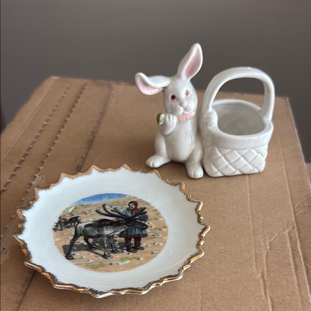 Fitz and Floyd White Rabbit Basket and Decorated Gold-Trimmed Plate